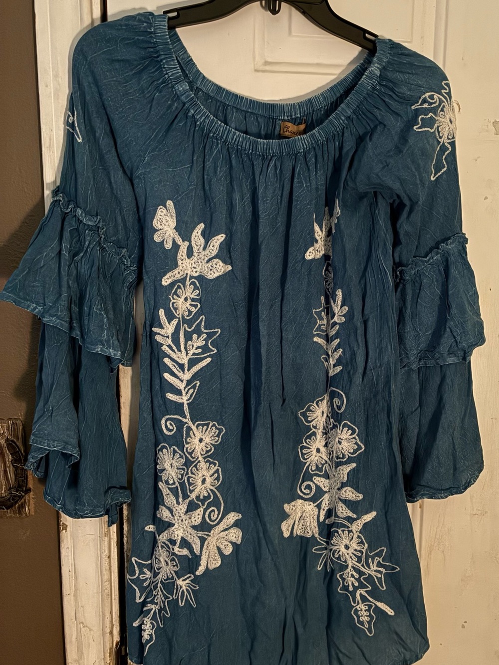 Blue Boho Embroidered Peasant shirt with White Floral Detail size small women